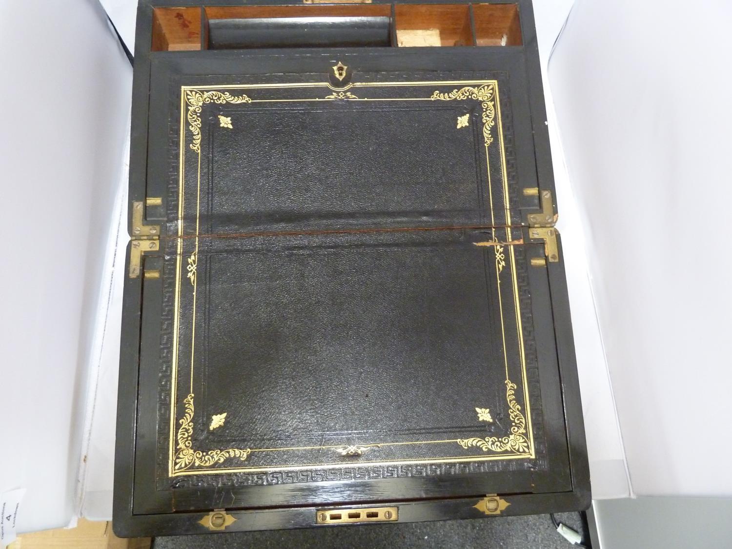 A brass bound writing slope, with black tooled leather fitted interior , 40cm max - Image 5 of 7