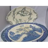 A large Keeling Chatsworth pattern blue and white printed pottery meat plate; a Willow pattern