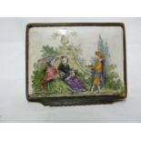 A French enamel snuff box, rectangular with fluted sides to base, the cover decorated with two