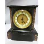 A slate and marble mantel clock, the arabic numberals in black on a cream chapter ring witin a