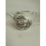 A Worcester porcelain teapot, printed in black with the Tea Party pattern; a print of dancers verso,