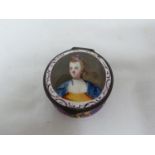A Bilston type enamel box, decorated with a female bust portrait head within a border of puce