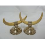 Scottish Taste - A pair of ivory and silver knife rests formed as bulls horns on stepped circular