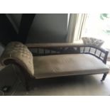 A Victorian mahogany chaise long, button back upholstery in cream faux velvet, w 196 cm x d 69 cm