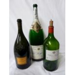 Three decorative large size champagne and wine bottles, empty (3)