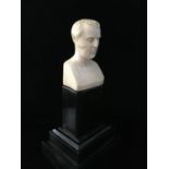A carved ivory bust of the Duke of Wellington, on a stepped black lacquer plinth base, 2nd quarter