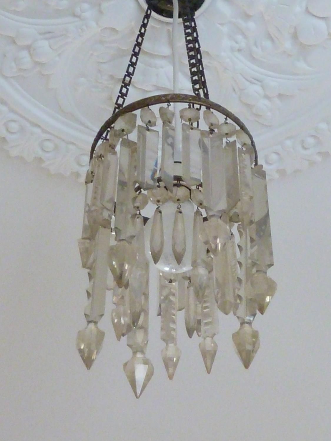A pair of ceiling centerpiece lustre lights composed of various finger lustres on a central brass - Image 3 of 6