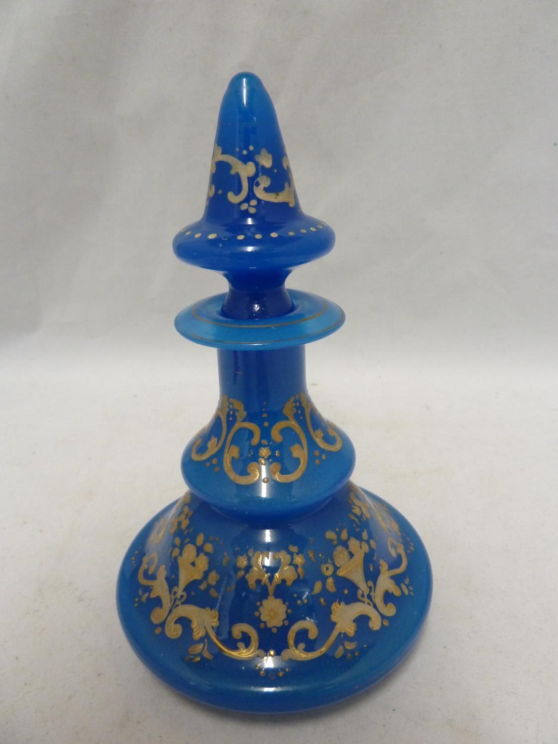 Bohemian Glass - A deep sky blue glass perfume bottle, for the Islamic market, the body of stepped