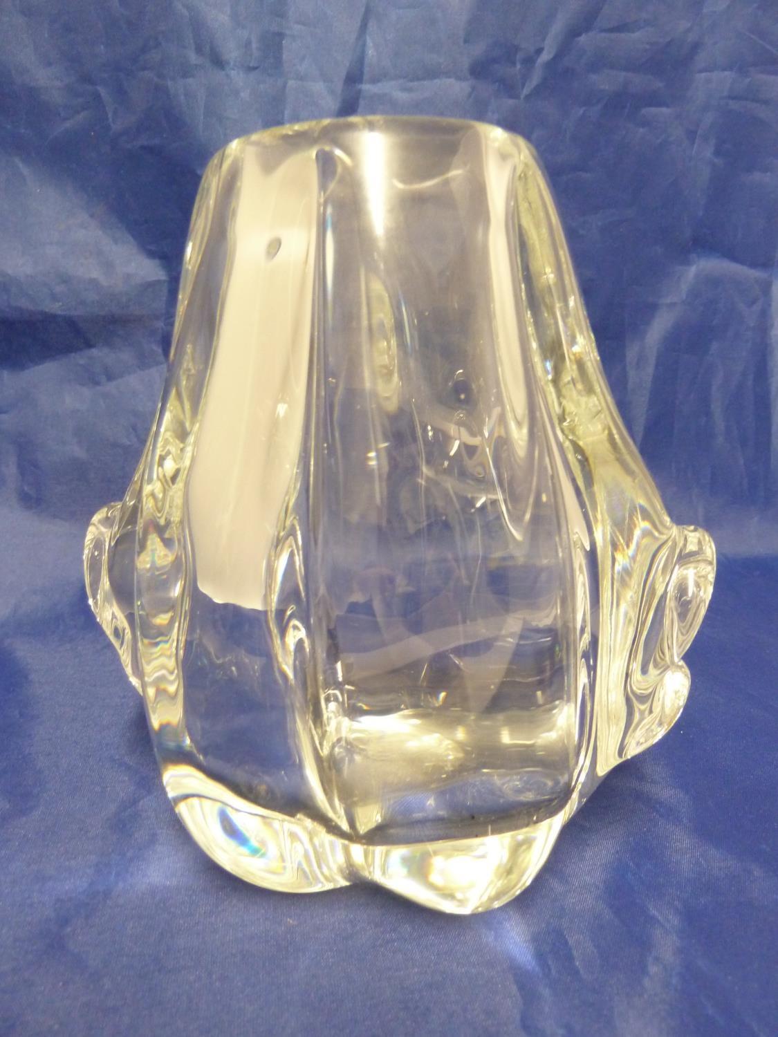 Val St Lambert - an organic form colourless glass vase, of lobed tulip shape flanked by 'leaf'