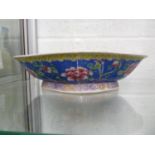 A Late Republic Chinese porcelain quatrefoil bowl, the exterior decorated with peonies on a blue