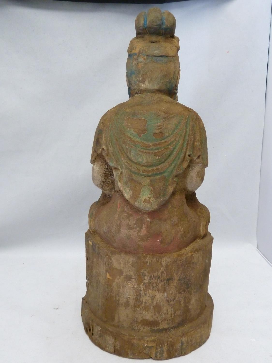 A carved wood figure of Bhudda, with traces of coloured decoration, 39cm high approx - Image 3 of 5