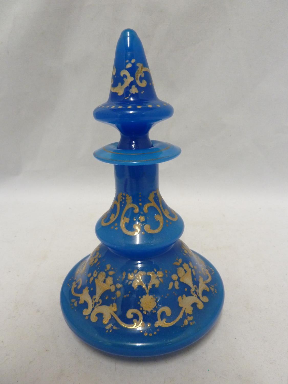 Bohemian Glass - A deep sky blue glass perfume bottle, for the Islamic market, the body of stepped - Image 2 of 8