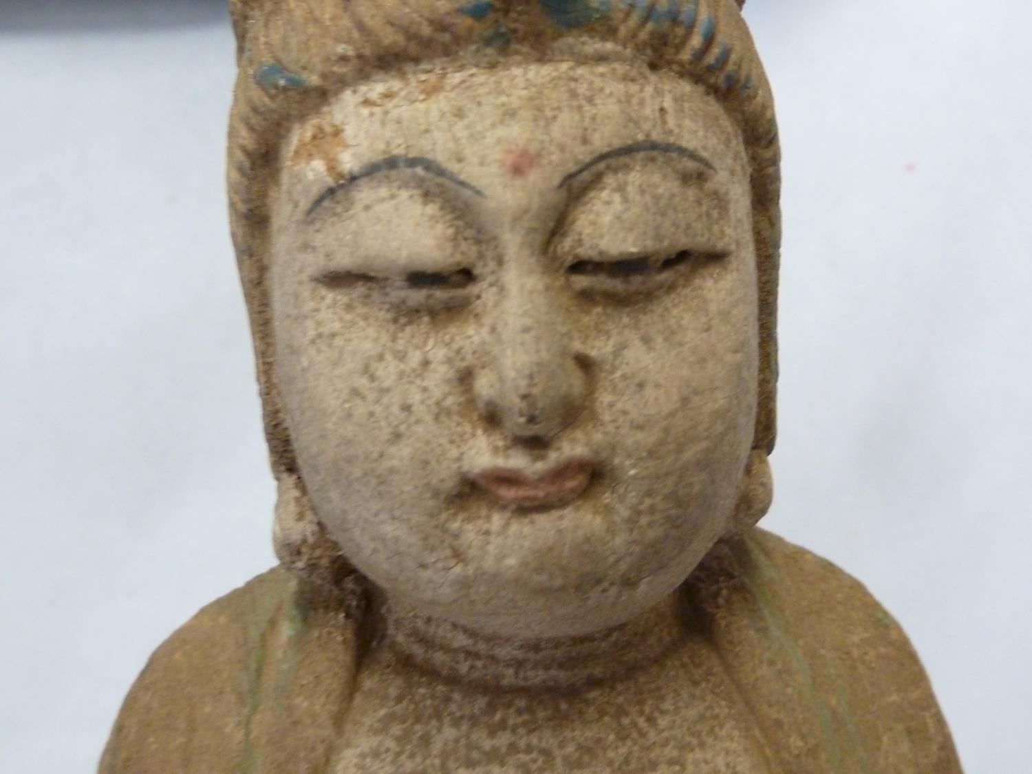 A carved wood figure of Bhudda, with traces of coloured decoration, 39cm high approx - Image 4 of 5