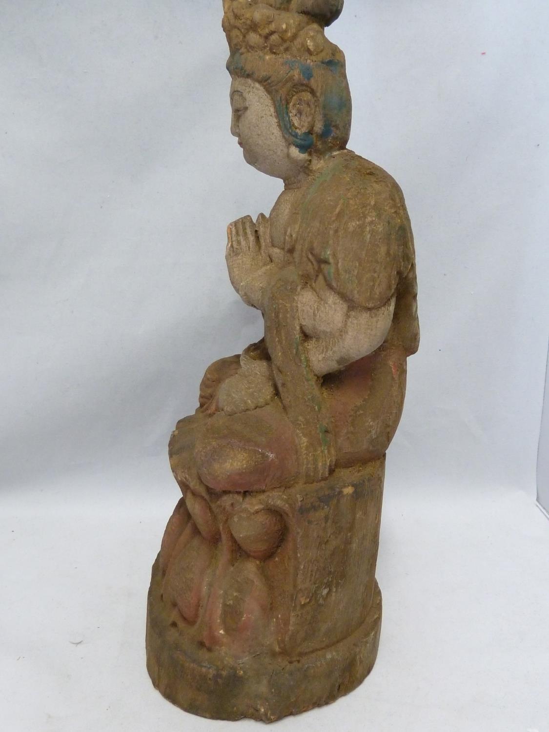 A carved wood figure of Bhudda, with traces of coloured decoration, 39cm high approx - Image 2 of 5