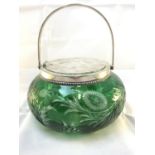 Stevens and Williams - A silver mounted green overlay glass biscuit barrel/jar and cover, intaglio