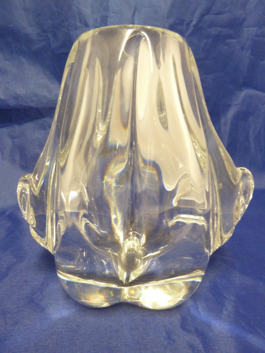 Val St Lambert - an organic form colourless glass vase, of lobed tulip shape flanked by 'leaf' - Image 3 of 6