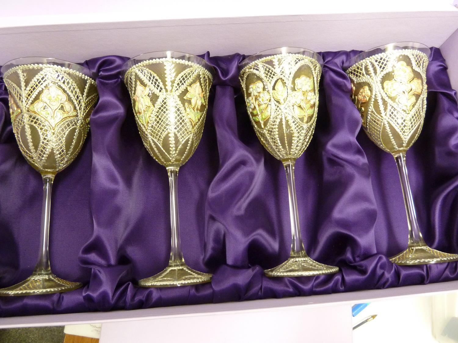 Violeta Markovic - Eight hand decorated wine glasses, in the style of Moser, presentation boxes