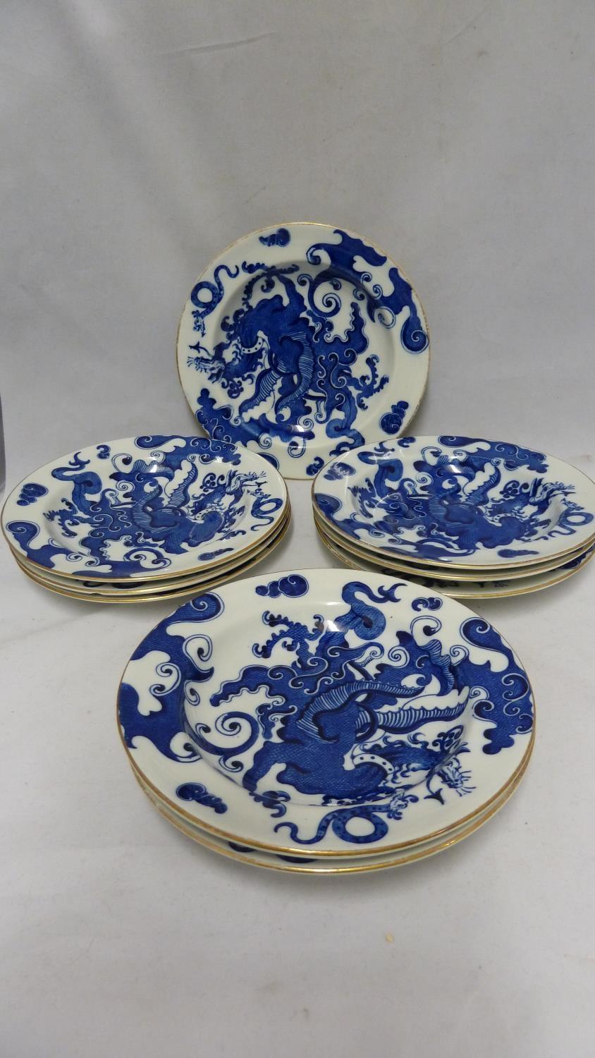 A Royal Worcester Porcelain dessert service, in Blue Dragon pattern, comprises fruit bowl with - Image 5 of 7