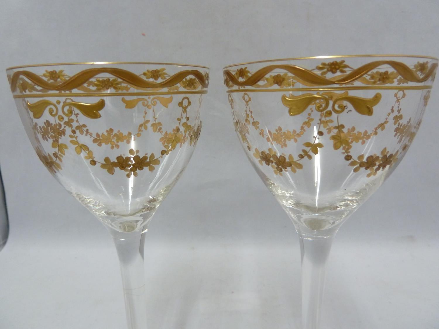 A pair of Continental glass wine glasses, probably Josephinehutt, the bowls decorated in two - Image 2 of 5