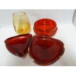 Whitefriars - Four items of glass, comprising: a ruby knobbly 9613 bowl, 13.5 max diam; a Geoffrey