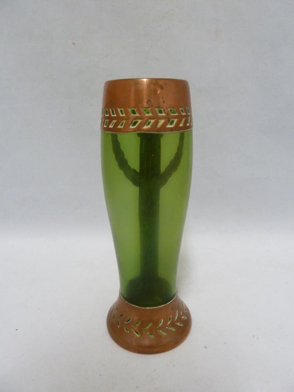 An Austrian Secessionist green iridescent glass vase with copper overlay cut as a column with laurel - Image 4 of 5