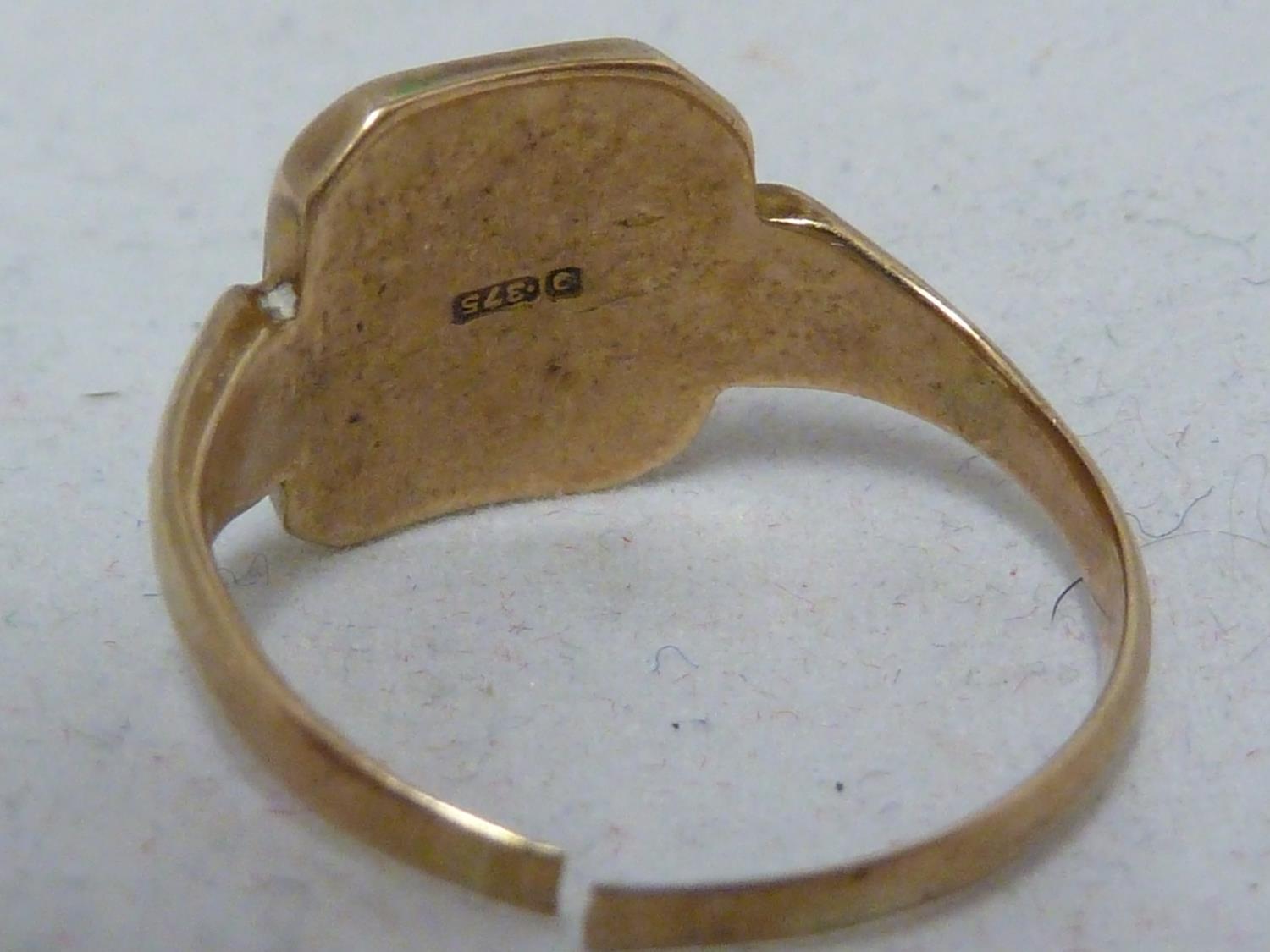 Two yellow gold signet rings, one marked 9ct and set with an oval black stone, ring size L 1/2, - Image 6 of 7