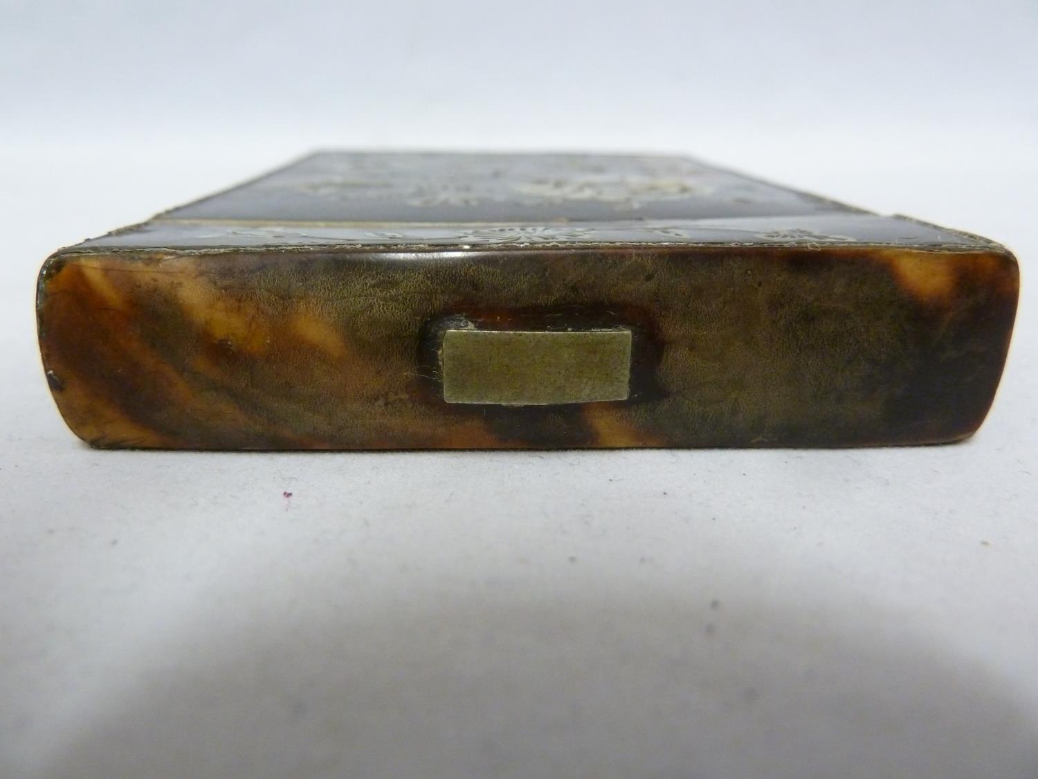 A Victorian tortoiseshell visiting card case, inlaid with a peony spray and leaves in nacreous - Image 7 of 7