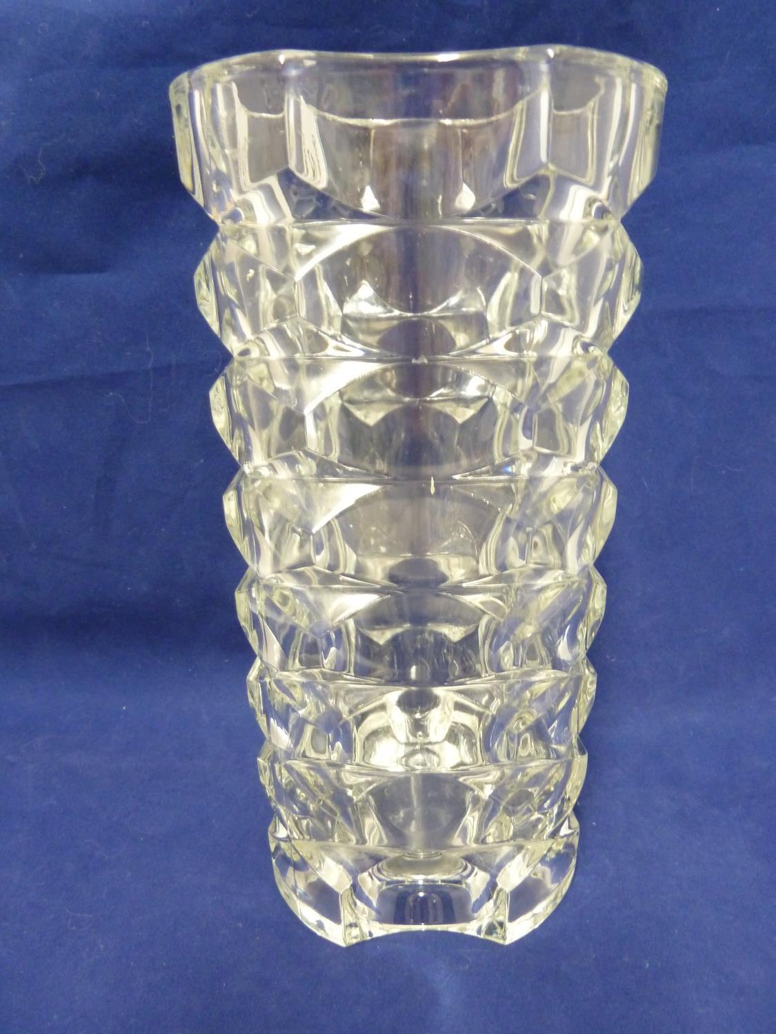 A French moulded glass vase, cylinder decorated with geometric motifs, moulded FRANCE to base, 24.