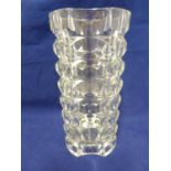 A French moulded glass vase, cylinder decorated with geometric motifs, moulded FRANCE to base, 24.