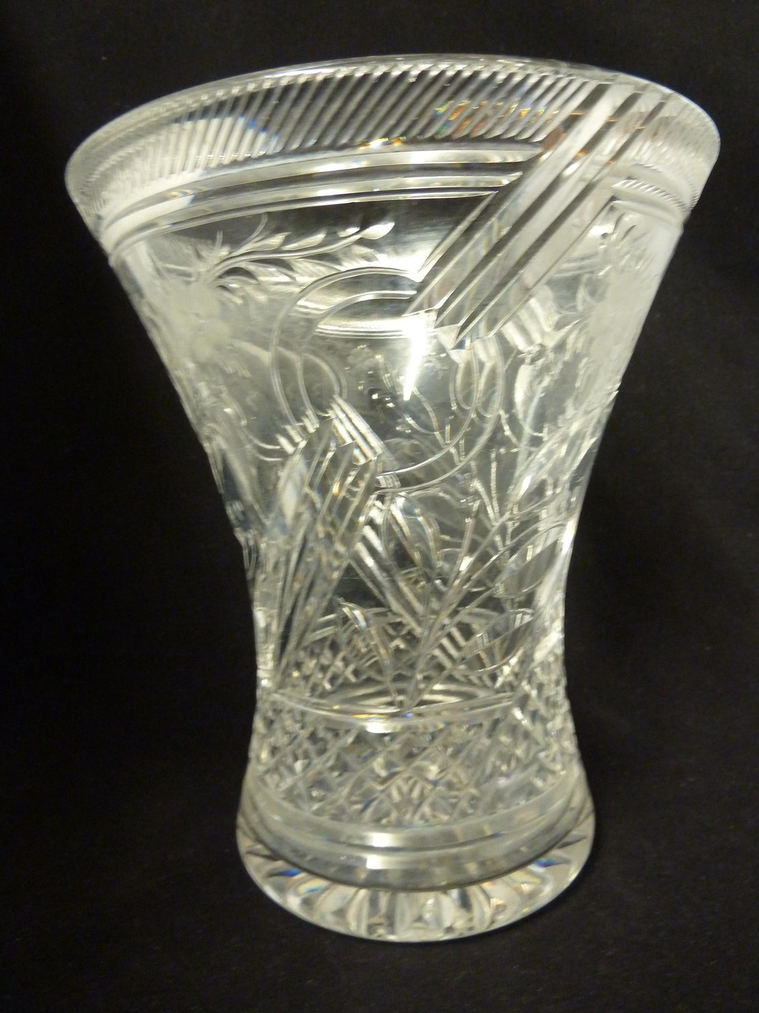 Jack Lloyd for Tudor Glass, an Art Deco squat trumpet form colourless glass vase, of Rock Crystal