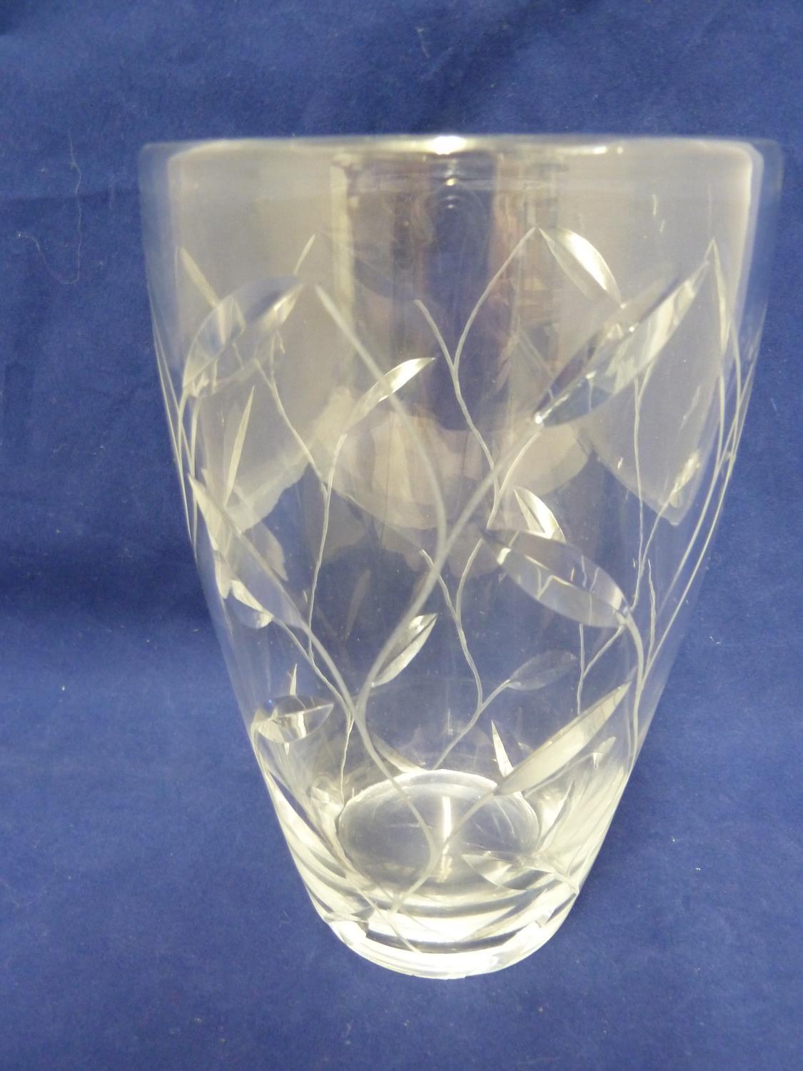 Tudor Crystal - a vase in Leaf pattern in the style of Clyne Farquarson, acid etched Made in England