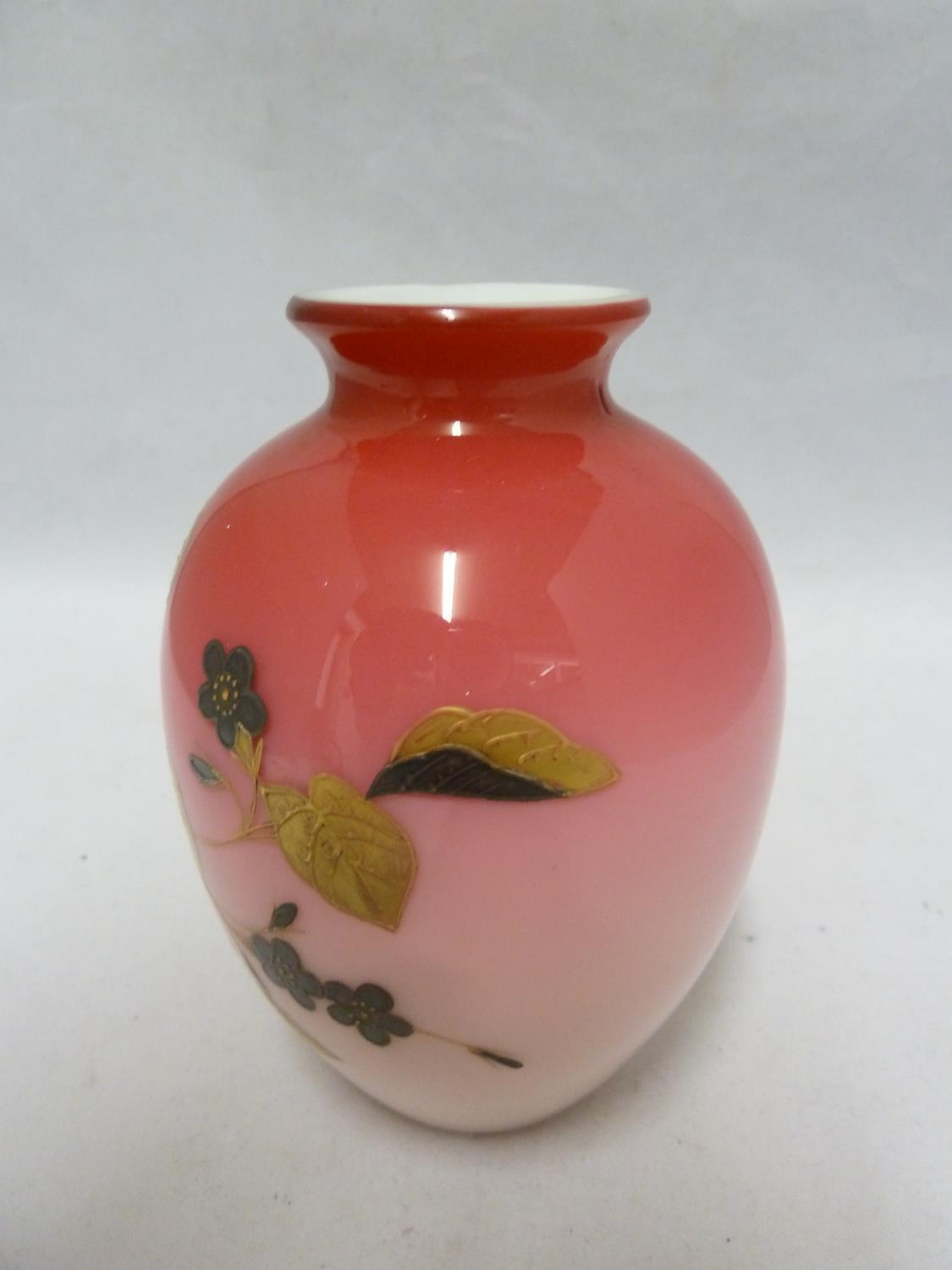 A Bohemian glass vase, of cased graduated rose pink glass over a white body, decorated with - Image 2 of 5