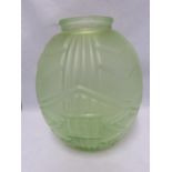 A French Art Deco glass vase, ovoid of frosted green glass, decorated with geometric motifs and