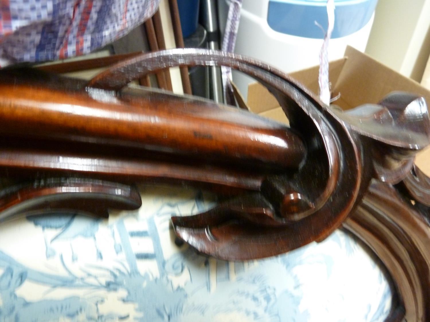 A French mahogany veneered carved wood headboard, decorated with a fruiting vine, upholstered - Image 3 of 5