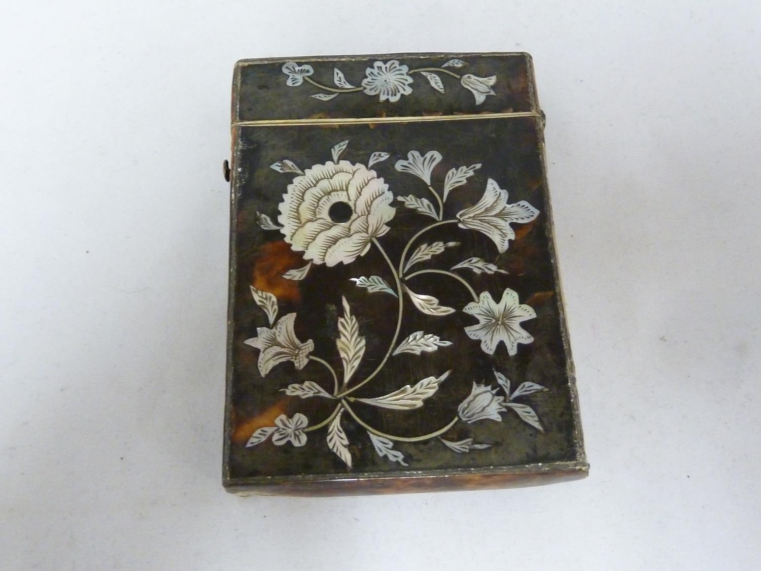 A Victorian tortoiseshell visiting card case, inlaid with a peony spray and leaves in nacreous - Image 2 of 7