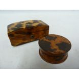 A Victorian tortoiseshell veneer snuff box, of tea-caddy form on four turned bone bun feet; and a