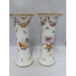 A pair of German porcelain trumpet vases, decorated in Dresden style with summer flowers, blue crown