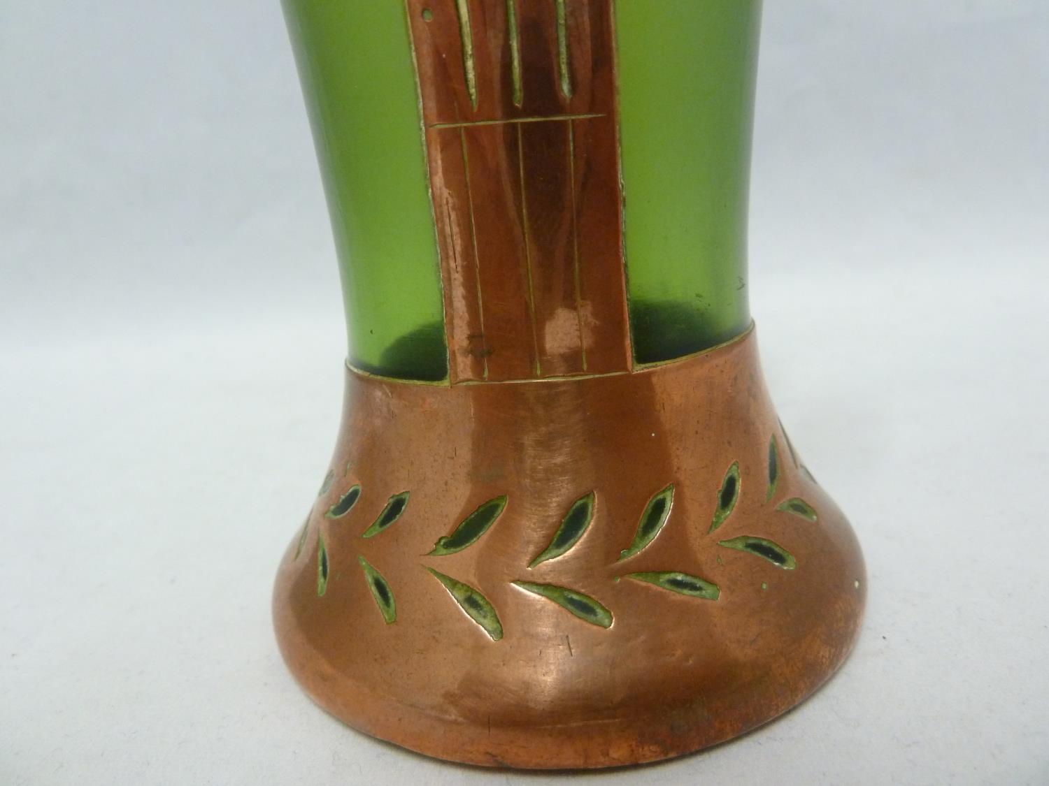 An Austrian Secessionist green iridescent glass vase with copper overlay cut as a column with laurel - Image 3 of 5