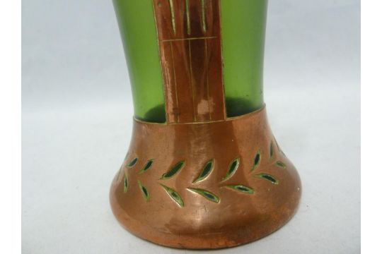 An Austrian Secessionist green iridescent glass vase with copper overlay cut as a column with laurel - Image 3 of 5