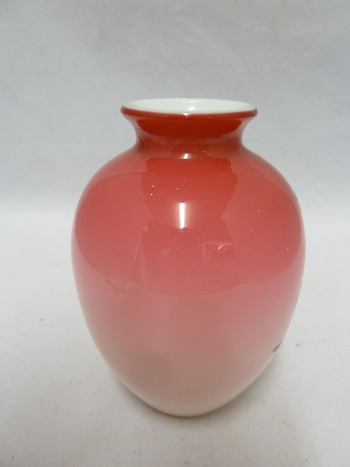 A Bohemian glass vase, of cased graduated rose pink glass over a white body, decorated with - Image 3 of 5