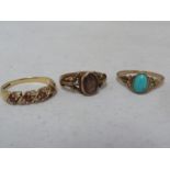Three rings- one 9ct yellow gold set with an oval turquoise, ring size N; one of rose gold, set with