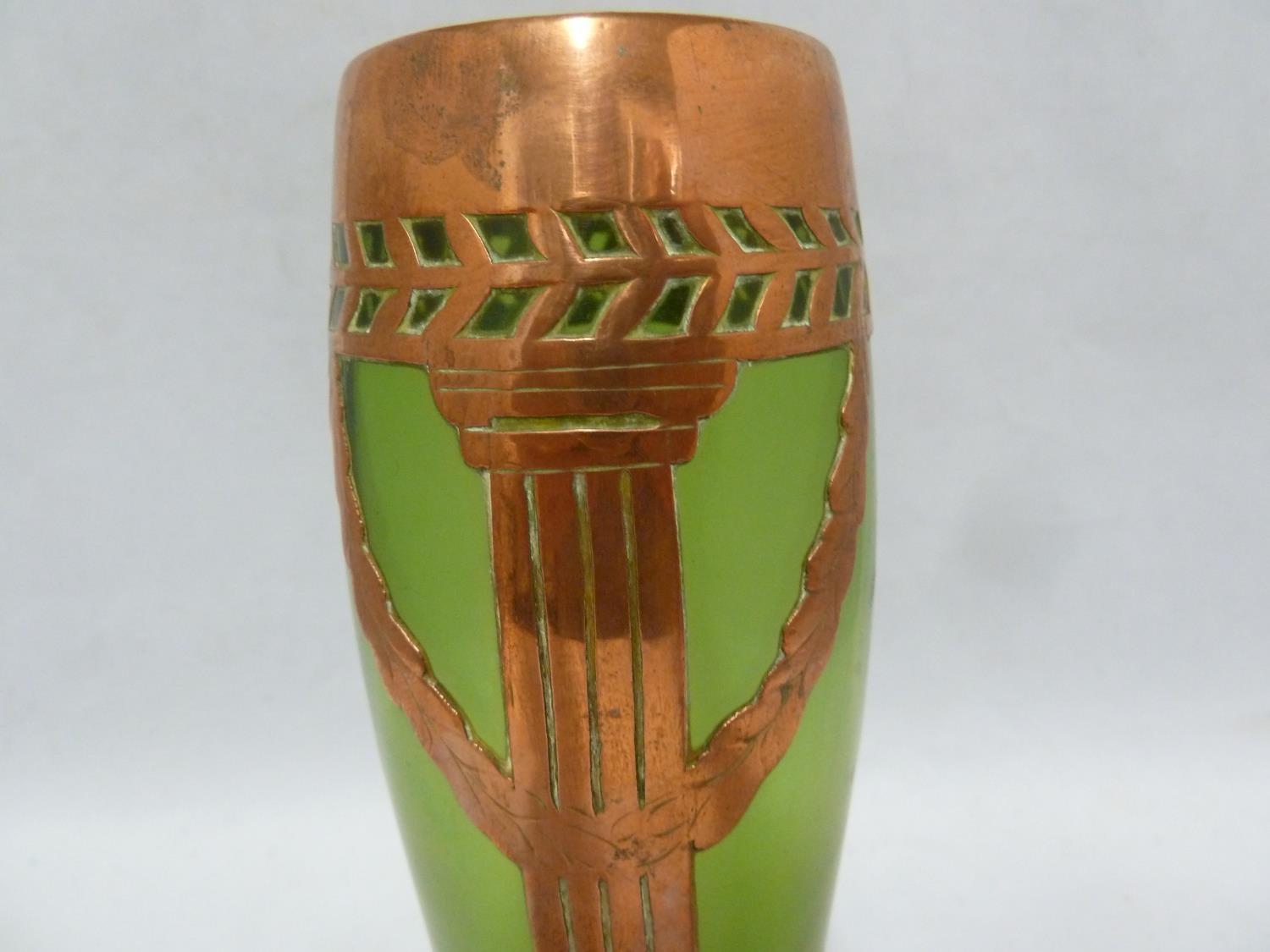 An Austrian Secessionist green iridescent glass vase with copper overlay cut as a column with laurel - Image 2 of 5