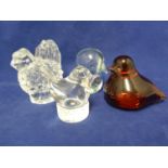 Four glass bird figures - comprising a Liskeard colourless wren type bird, with original label, a