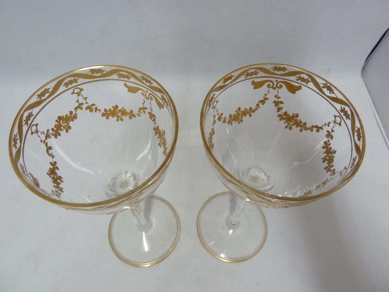 A pair of Continental glass wine glasses, probably Josephinehutt, the bowls decorated in two - Image 4 of 5