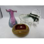 Three items of glass - a vintage Murano glass bull figure; a candy striped bowl; and a onion form