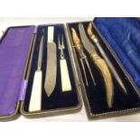 Two carving sets - steel blades, one mounted with antler handles (2)