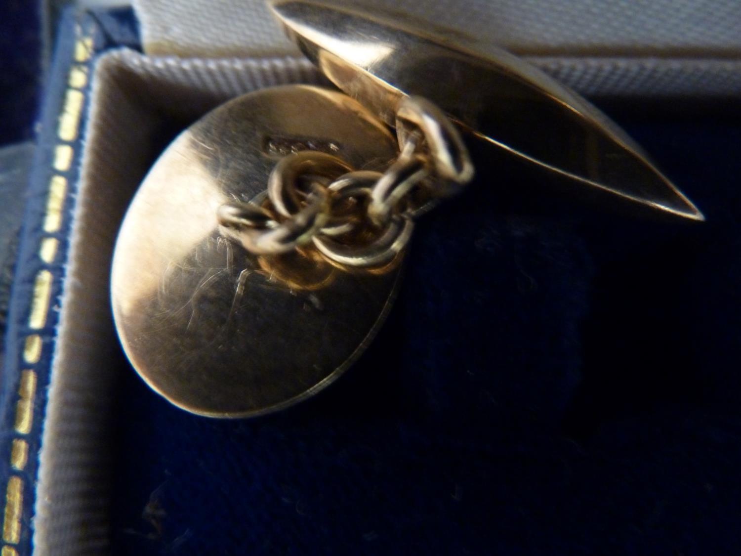 A pair of 9ct yellow gold Gentlemans cufflinks, in Mappin and Webb box, 11 grms approx; one other - Image 3 of 11