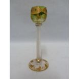 Moser, Karlsbad- a tall jewelled liqueur glass, the small sized green bowl on barley twist