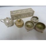 Daday Khan Madras - an Indian white metal rectangular box, marked to base; a mustard pot and