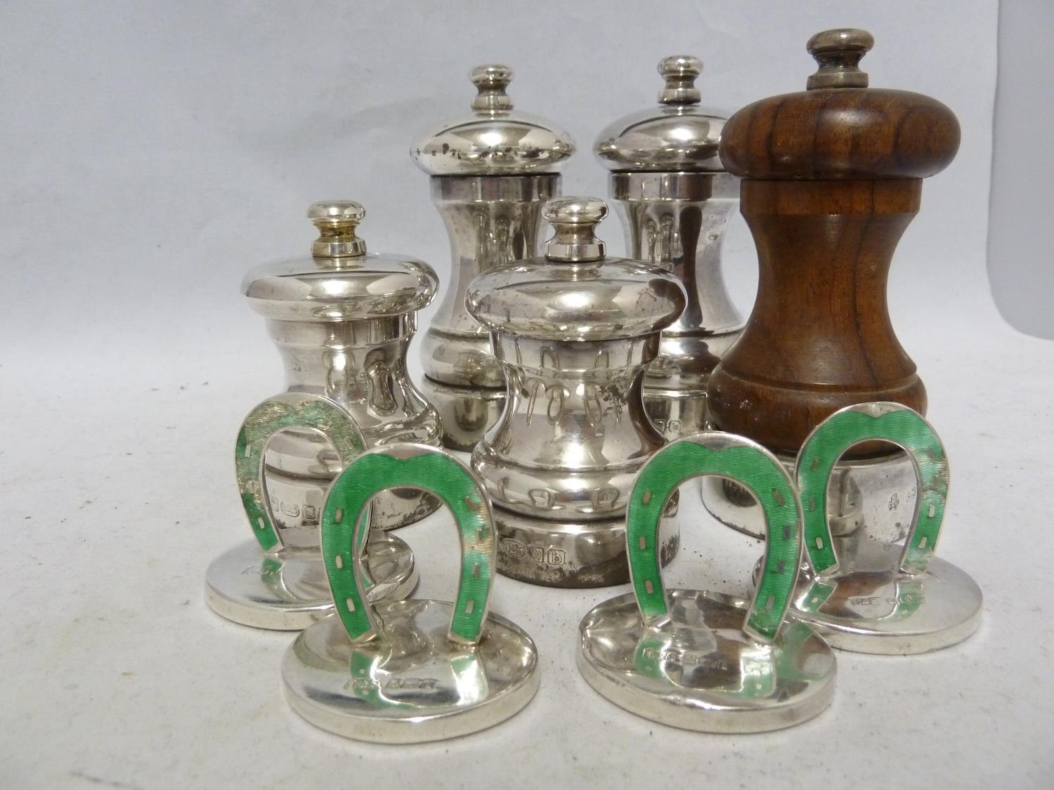 Five silver pepper grinders, various dates and makers - modern; and four green enamelled silver menu